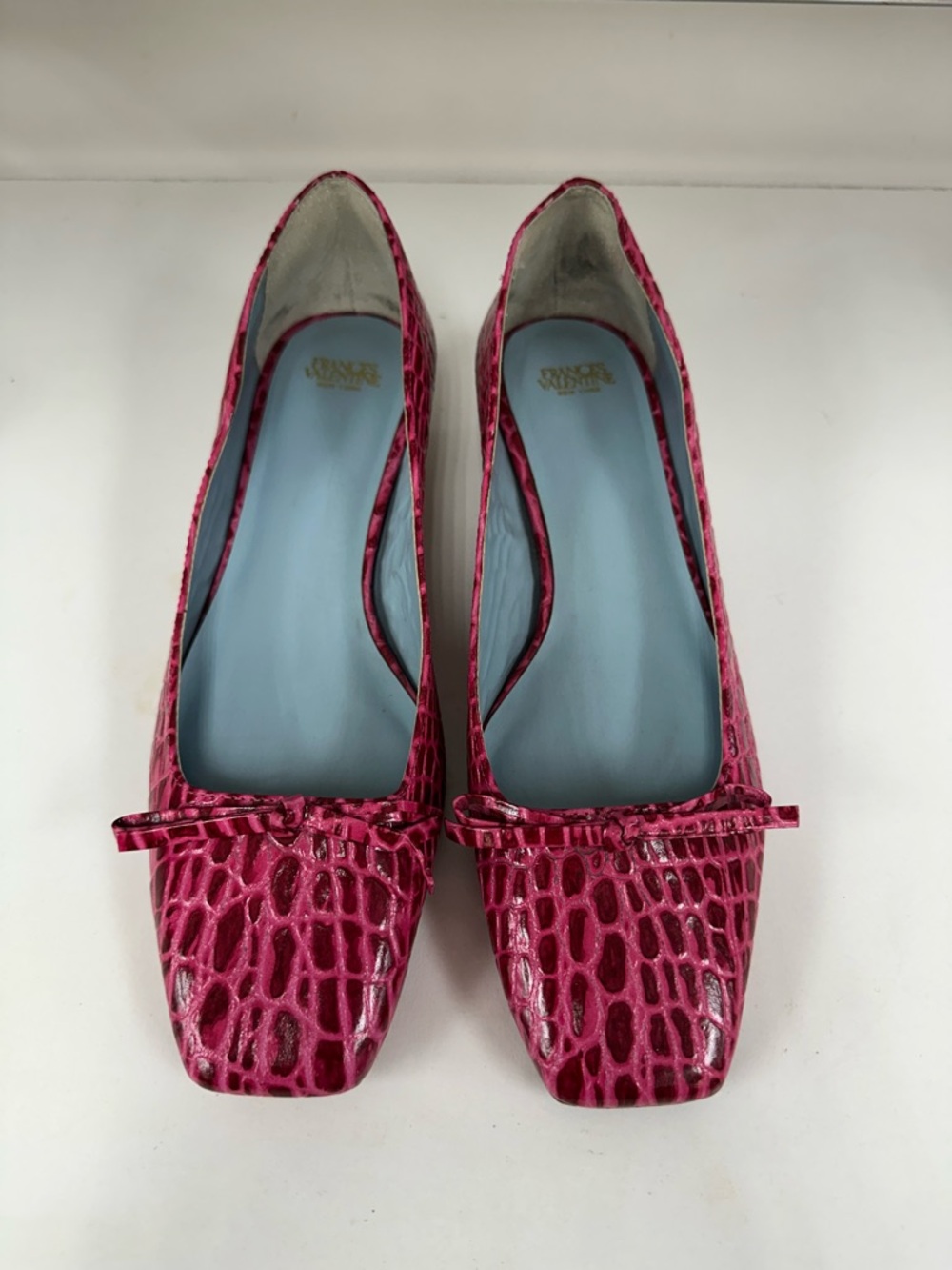 Frances Valentine Pink Croc-Embossed Square-Toe Ballet Flats
